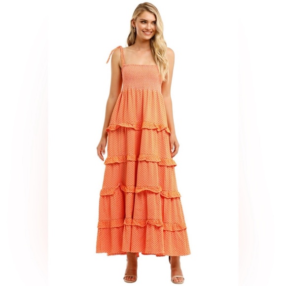 Cecilie Copenhagen Mina Orange Pink Smocked Long Maxi Dress Tie Size Medium - Picture 1 of 11